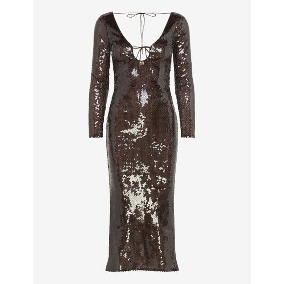 Bardot Verona Long-Sleeve Sequin Slim Midi Dress Brown 8 - Picture 1 of 4